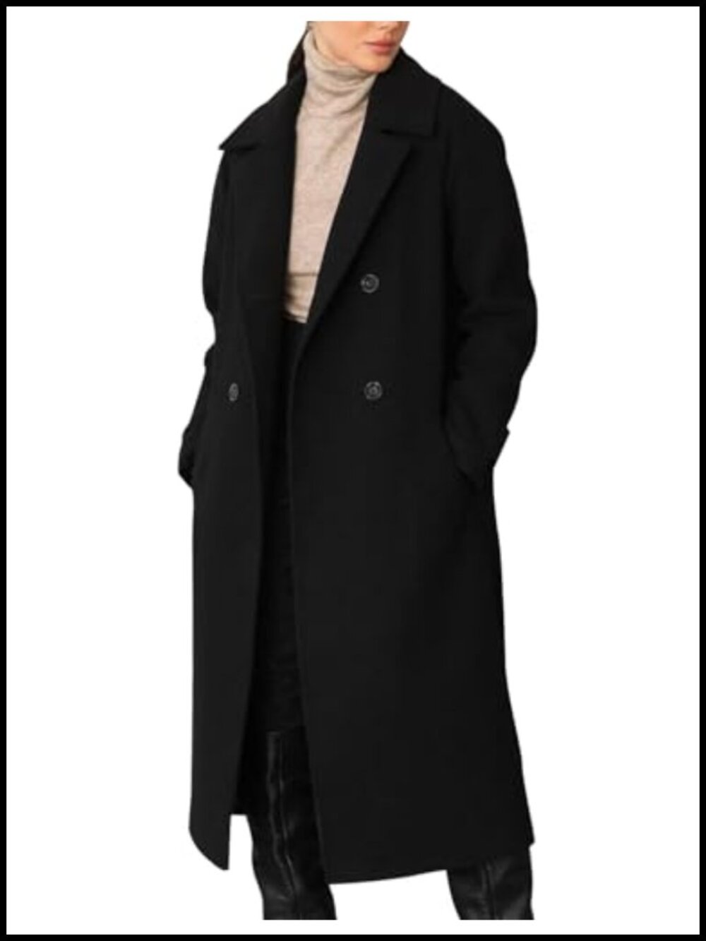 Womens Long Double Breasted Peacoat Notch Lapel Knee Length Winter Coat